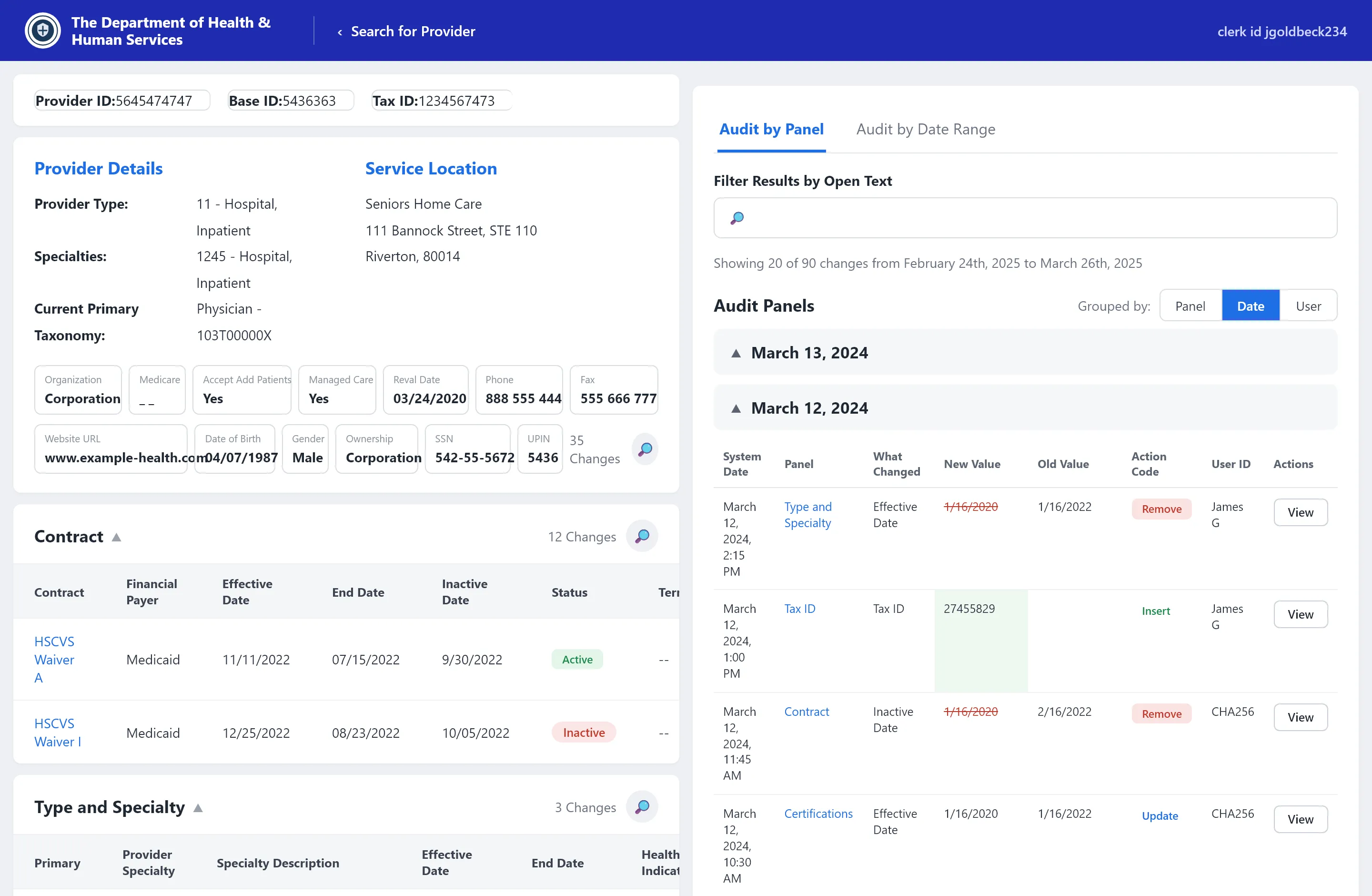 Medicaid Solutions — Audit panels & change tracking (illustrative reconstruction)